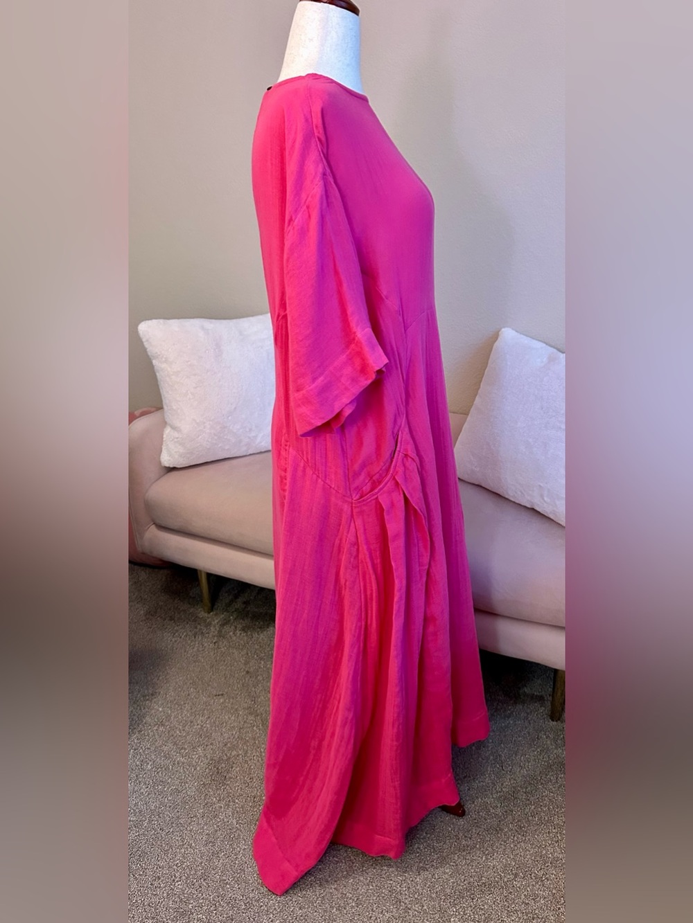 Free People Fuchsia Pink Cotton Maxi Dress Pleated Pockets Flowy Boho Women’s L.